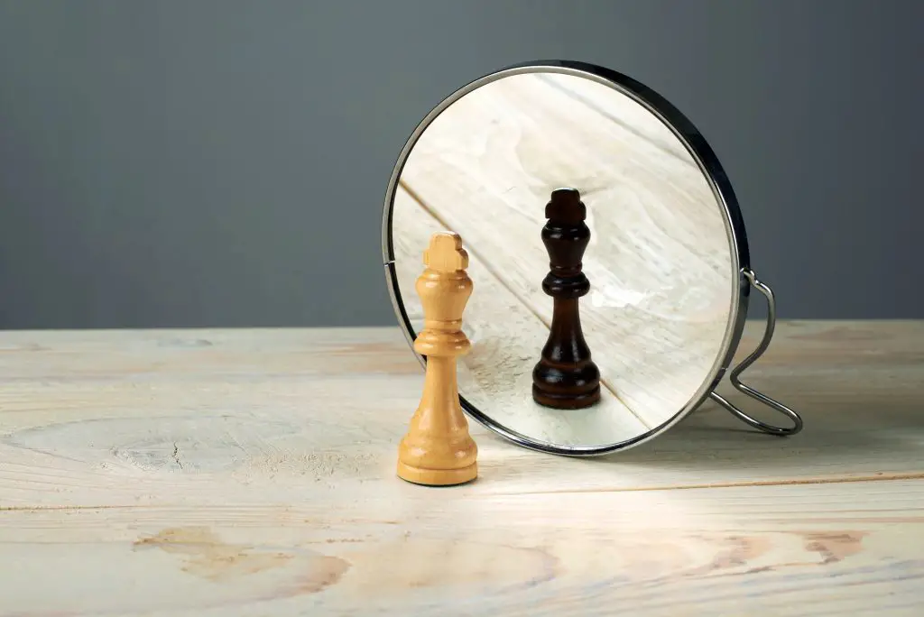 a chess piece in front of a mirror