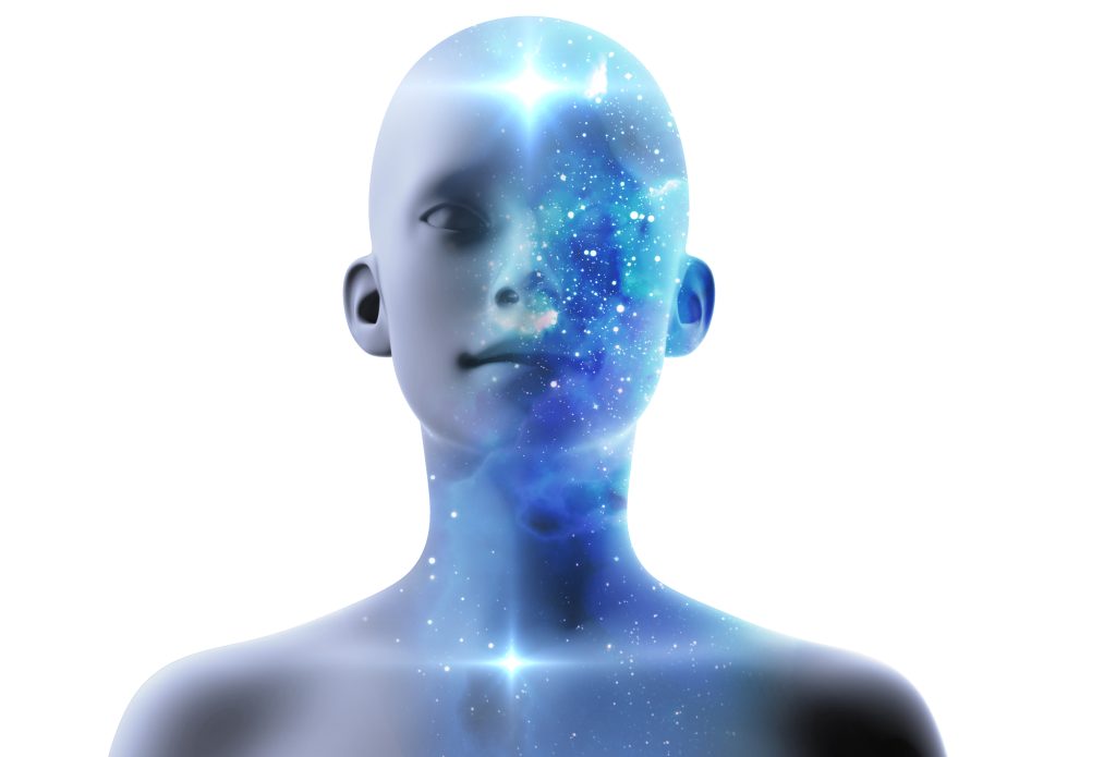 silhouette of virtual human with aura chakras on space nebula, represent meditation, yoga 
and deep sleep therapy.