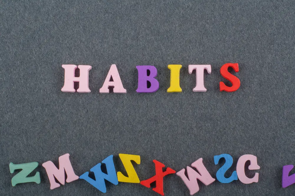 HABITS word on black board background composed from colorful abc alphabet block wooden letters, copy space for ad text. Learning english concept